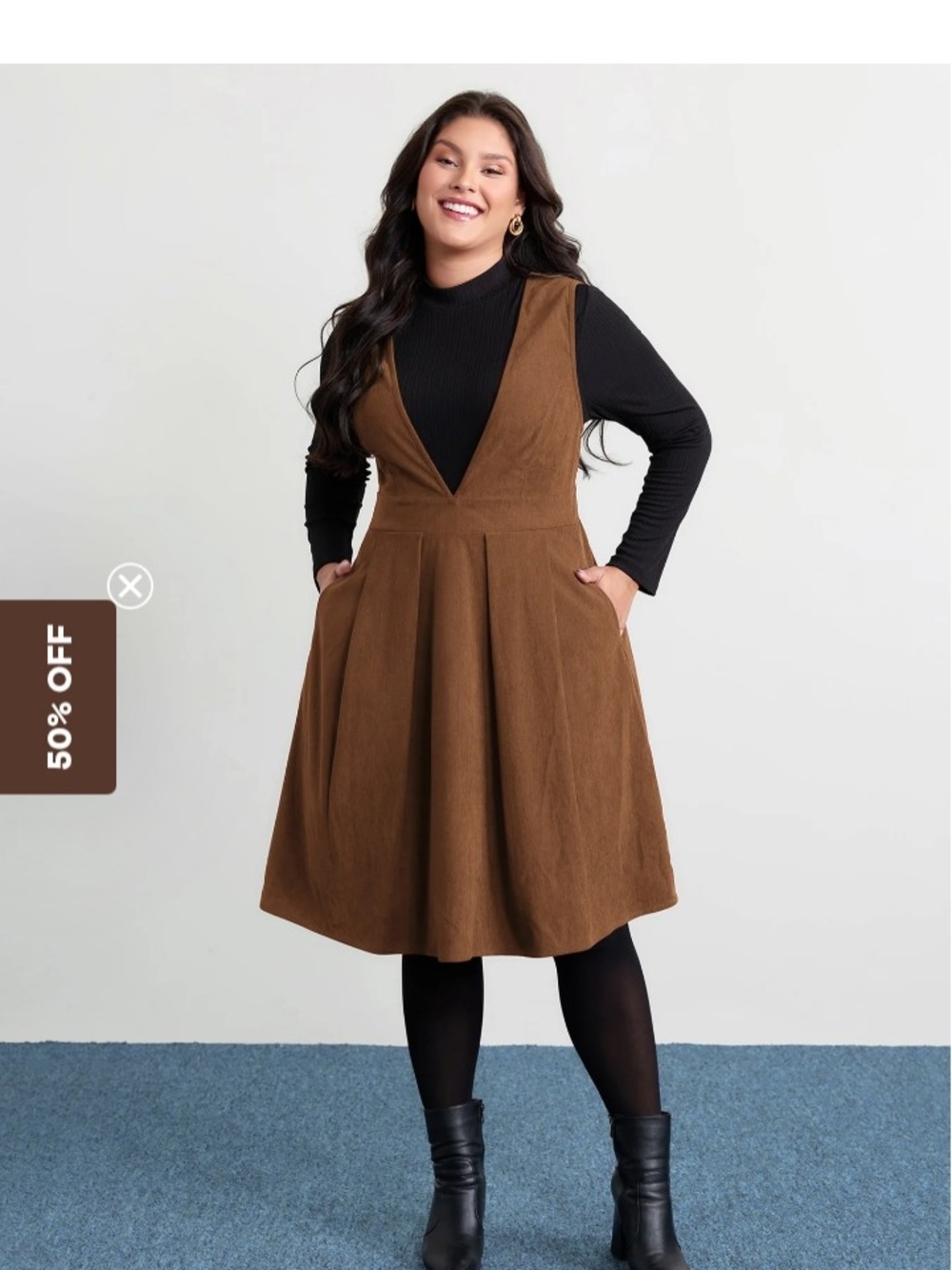 Brown Corduroy V-Neck Sleeveless A-Line Dress